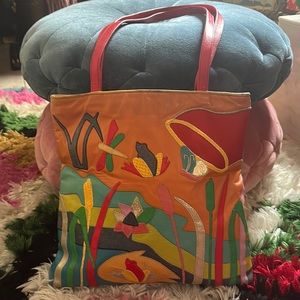 Vintage Sharif Purse Frog & Beautiful & Cattails Leather & Snake Skin Large Bag